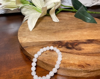 White Jade 8mm Beaded Bracelet | Handmade Men and Women Stretchy Bracelet | Genuine Gemstone | Round Beaded | Healing Crystal Bracelet