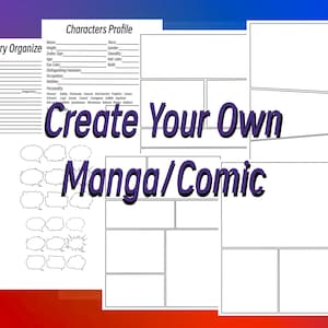 Puede incluir: Plantillas de papel blanco para crear manga o cómics. Incluye perfiles de personajes, hojas de organización de historias, bocadillos y paneles de cómic en blanco. Se muestra el texto "Create Your Own Manga/Comic".