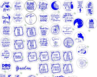 May include: A collection of 36 blue and white round, square, and hexagonal sublimation blanks with various sayings and designs. The blanks are ideal for creating custom ornaments, keychains, or other crafts.