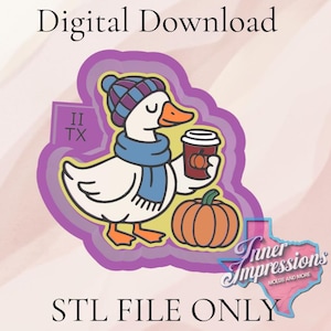 May include: Digital download graphic featuring a cartoon duck wearing a hat and scarf, holding a coffee cup with a pumpkin design. A pumpkin sits below the duck. The text "STL FILE ONLY" is at the bottom.