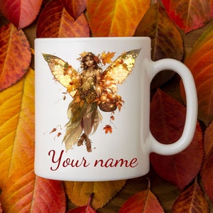 Custom Harvest Fairy Mug 4 of 4 Collection– 15 oz Ceramic with Personalized Name, Fall Design, Dishwasher Safe, Perfect for Autumn Beverages