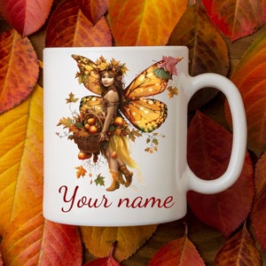 Custom Harvest Fairy Mug 3 of 4 Collection– 15 oz Ceramic with Personalized Name, Fall Design, Dishwasher Safe, Perfect for Autumn Beverages