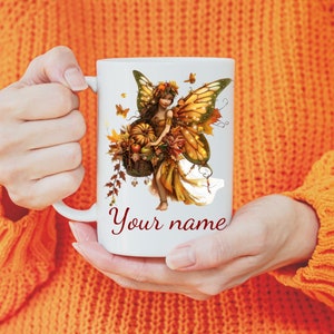 Custom Harvest Fairy Mug 1 of 4 Collection– 15 oz Ceramic with Personalized Name, Fall Design, Dishwasher Safe, Perfect for Autumn Beverages