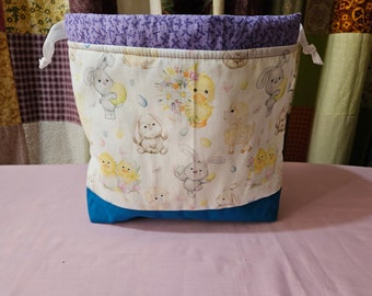 Medium size drawstring project bag  made in cute spring animals fabric