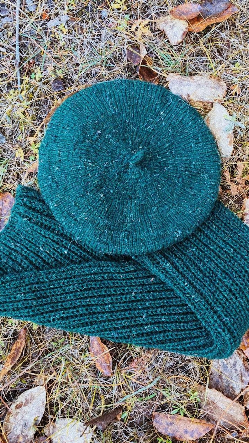 Green Knit hat and scarf set knit accessories Beret crocheted Basque Beret Hat French Wool Beret