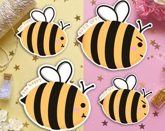 Bee Happy & Buzz Off Bee Stickers | Cute Sticker | Planner | Journal | Diecut |  Aesthetic | Bujo | Kawaii | Vinyl | Waterproof | Matte