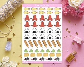 Bento Buds ステッカーシート | 日本語 | 文房具 | プランナー | ステッカー | Kisscut | ジャーナル | Bujo | 美的 | かわいい | 食べ物 | 天ぷら | ご飯