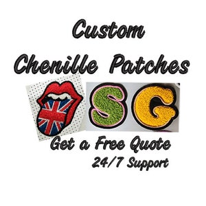 Può includere: Immagine con toppe in ciniglia personalizzate. Include una toppa a forma di labbra rosse con un design Union Jack e toppe con le lettere "S" e "G". È visibile anche il testo "Get a Free Quote 24/7 Support".