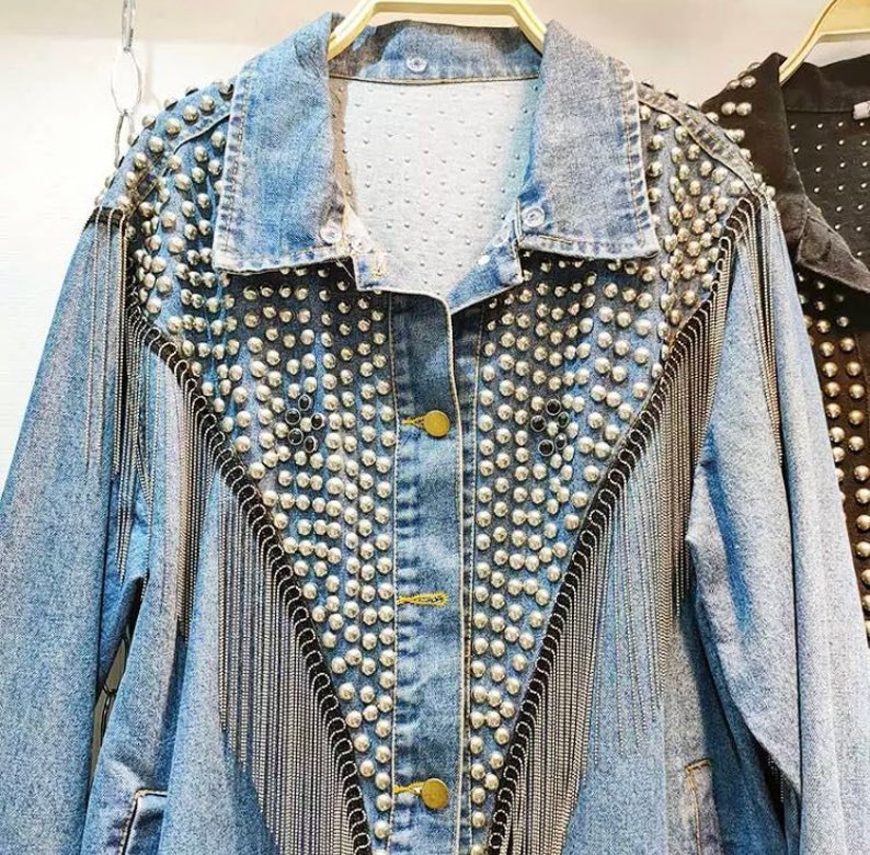 Denim Boho Rivet Jacket Denim Fringed Jacket Jean Coat Etsy