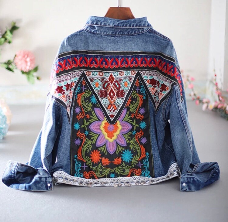 Women Boho Embroidery Jacket Denim Jacket Floral Print | Etsy