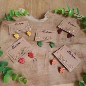 Small autumn leaf earrings, different colors, polymer clay and stainless steel hoops - Handmade