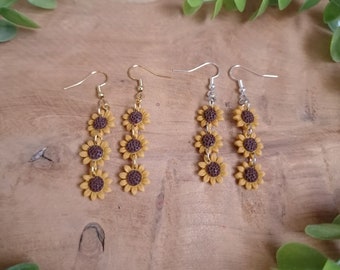 Boucles d'oreilles pendantes en forme de tournesols en argile polymère - Fait main