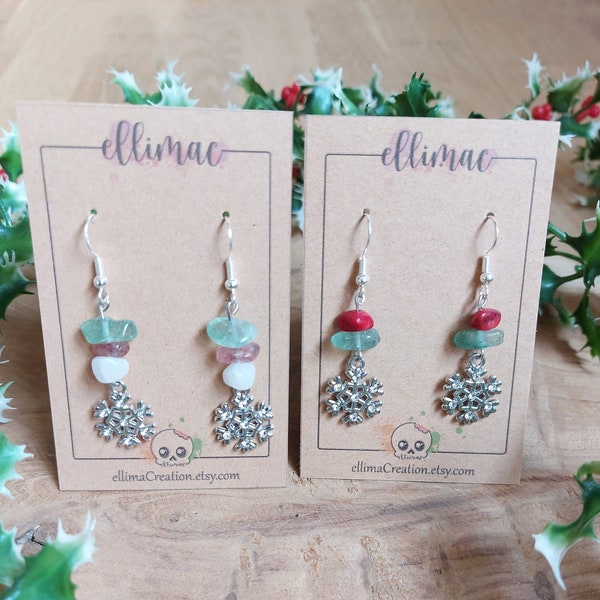 Boucles d'oreilles flocon de neige et perles pierres gravier, thème Noël