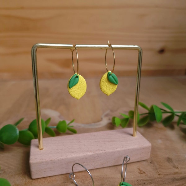 Boucles d'oreilles citrons et feuilles en pâte polymère et acier inoxydable - Fait main