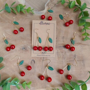 Handmade cherry and small green leaf dangling earrings in polymer clay image 4