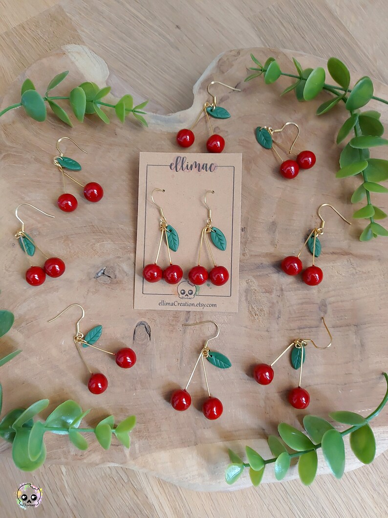 Handmade cherry and small green leaf dangling earrings in polymer clay image 4