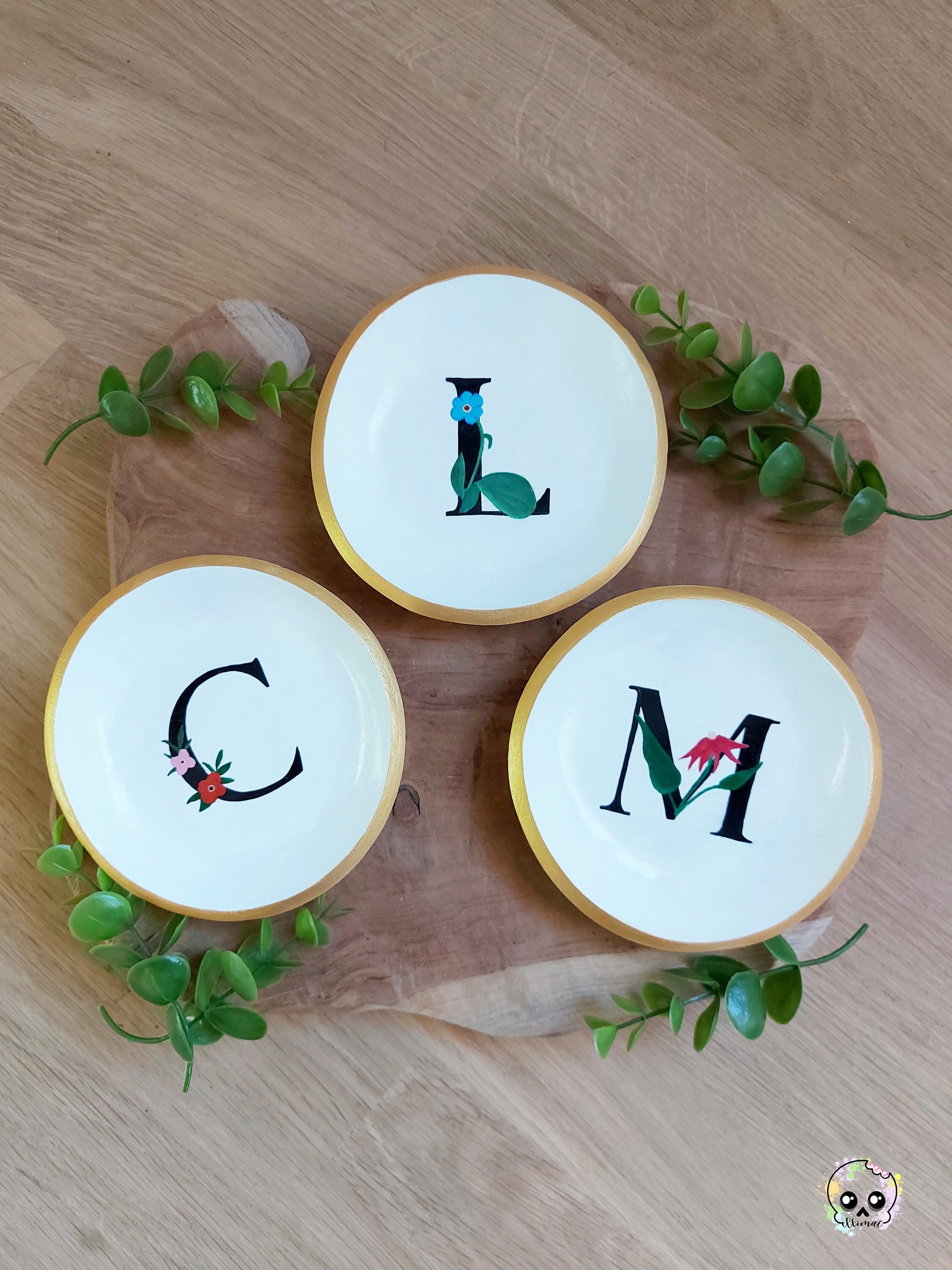 Coupelles en Argile avec Initiales Florales et Contour Doré, Alphabet Floral - Fait Main