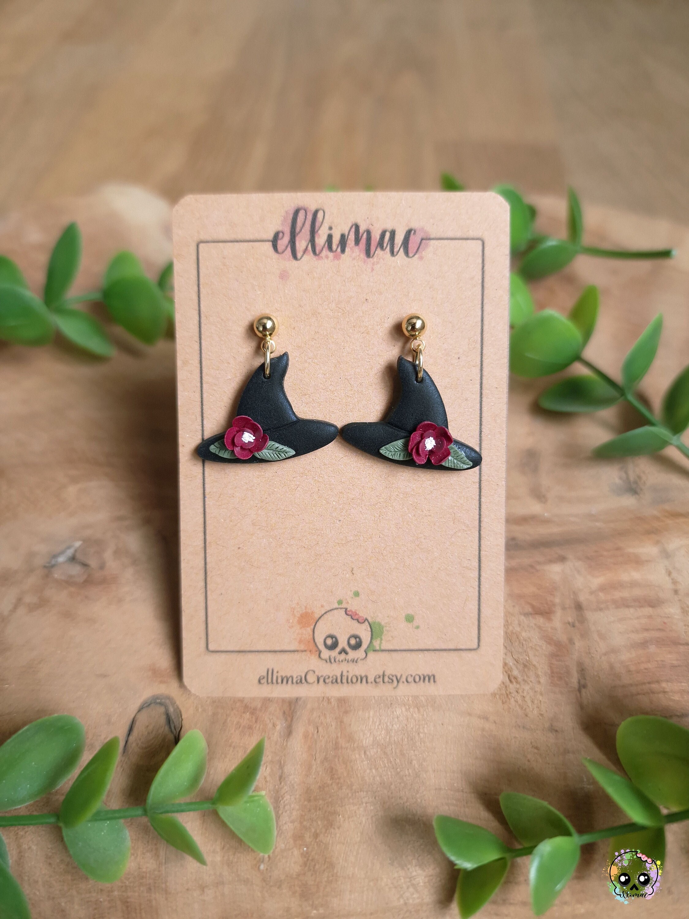 Flowered witch hat earrings in polymer clay - Handmade