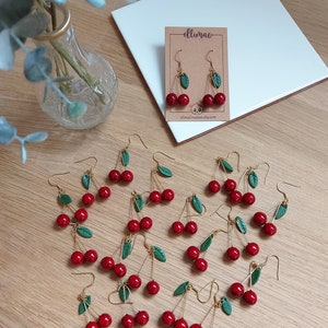 Handmade cherry and small green leaf dangling earrings in polymer clay image 8