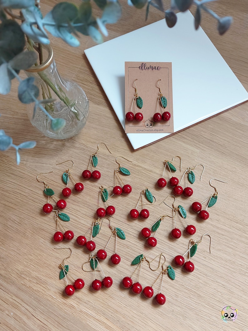 Handmade cherry and small green leaf dangling earrings in polymer clay image 8