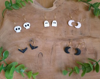 Halloween theme hoop earrings, skull, ghost, bat, moon in polymer clay - Handmade