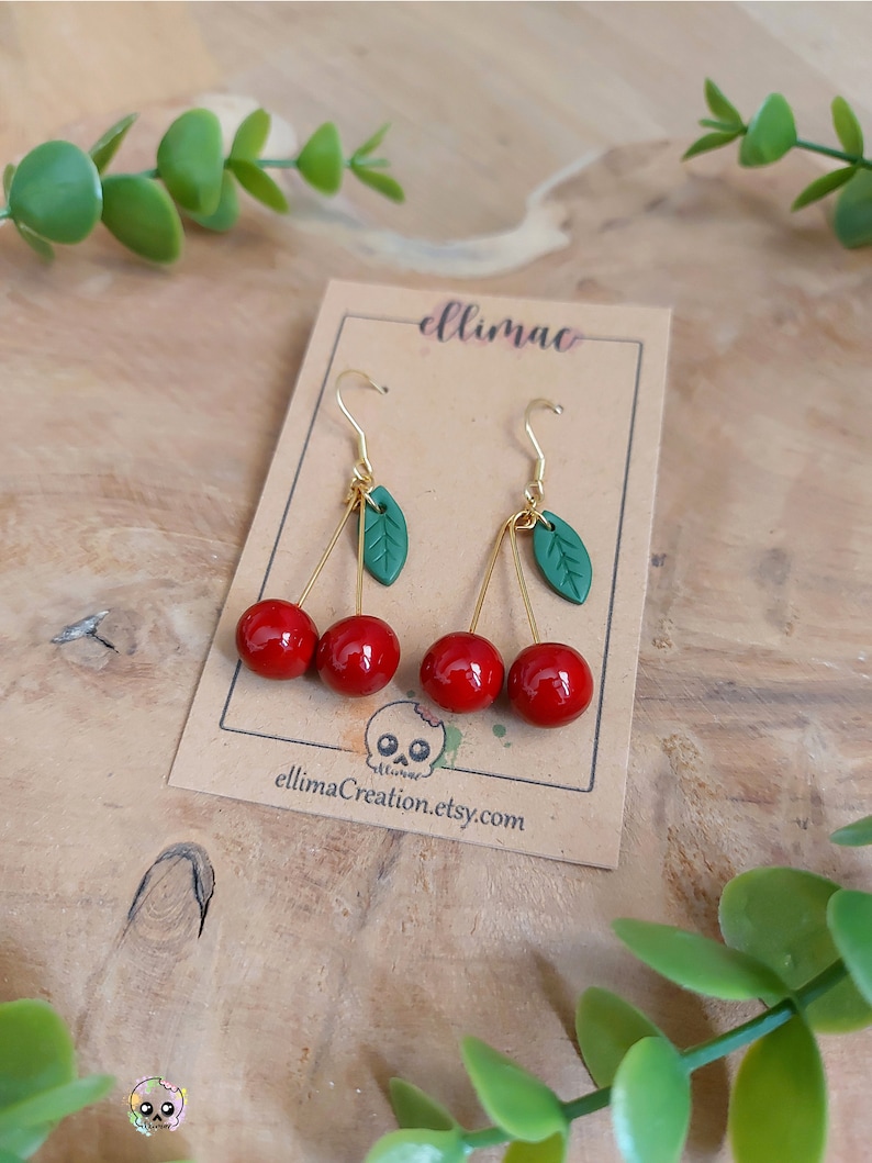 Handmade cherry and small green leaf dangling earrings in polymer clay image 3