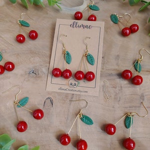 Handmade cherry and small green leaf dangling earrings in polymer clay image 7