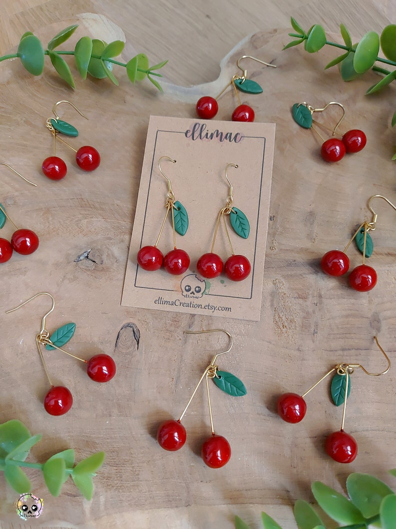 Handmade cherry and small green leaf dangling earrings in polymer clay image 7