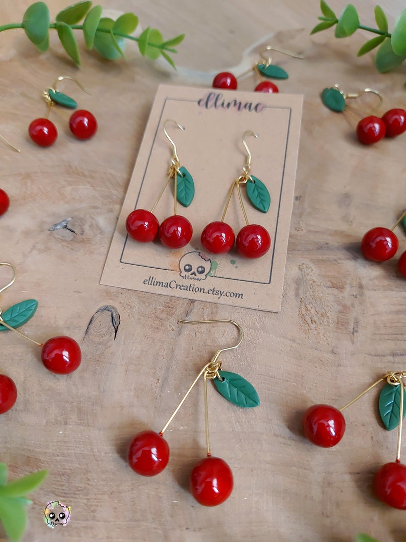 Handmade cherry and small green leaf dangling earrings in polymer clay image 5