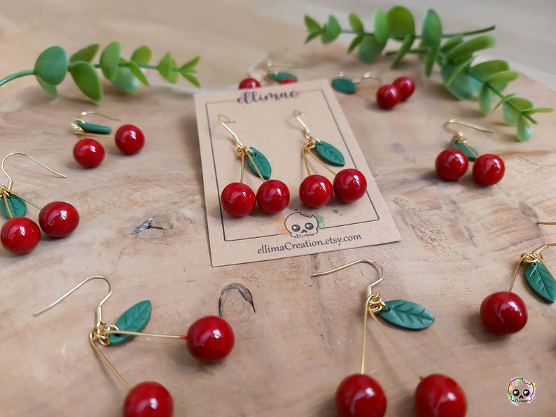 Handmade cherry and small green leaf dangling earrings in polymer clay image 6