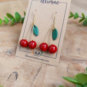 Handmade cherry and small green leaf dangling earrings in polymer clay image 2