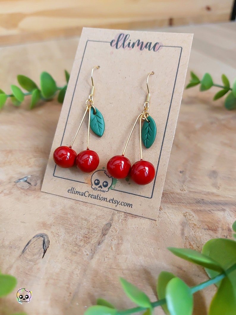 Handmade cherry and small green leaf dangling earrings in polymer clay image 2