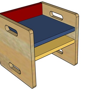 May include: A wooden chair with a blue cushion and a yellow shelf. The chair has two cut-out handles on each side.