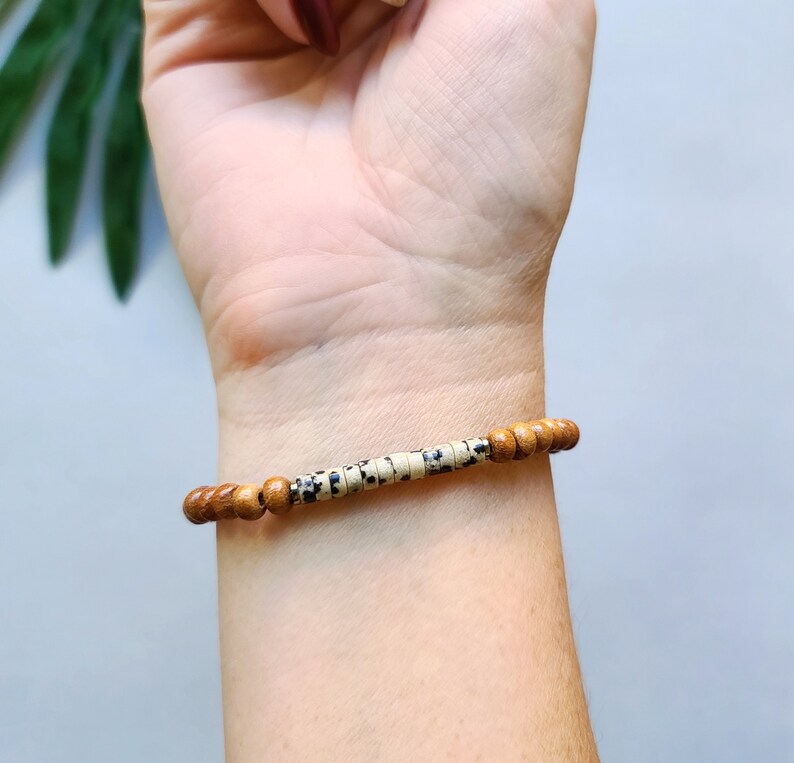 Womens Bracelet Essential Oil Jewelry Natural Gemstone Dalmatian Jasper Seed Bead and Bayong Wood Diffuser Bracelet Mens Bracelet