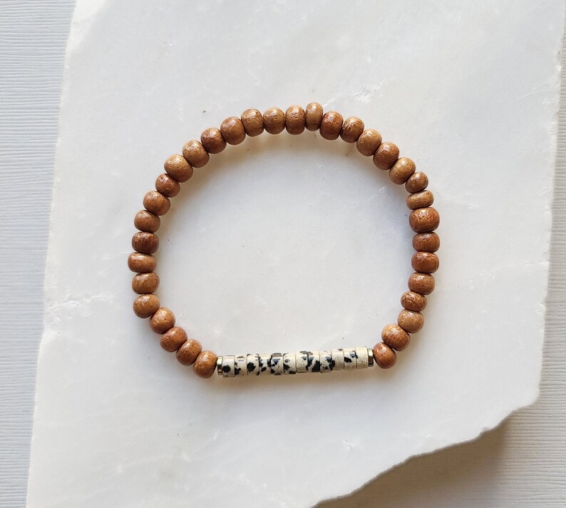Womens Bracelet Essential Oil Jewelry Natural Gemstone Dalmatian Jasper Seed Bead and Bayong Wood Diffuser Bracelet Mens Bracelet