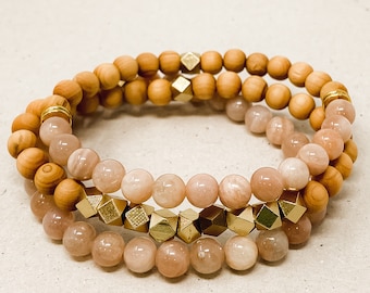 Sunstone & Rosewood Diffuser Stacking Bracelets, Natural Gemstone, Yoga Jewelry, Aromatherapy Jewelry, Good Fortune Bracelet