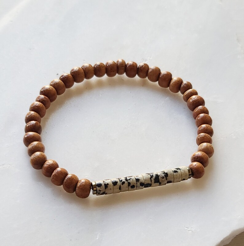 Womens Bracelet Essential Oil Jewelry Natural Gemstone Dalmatian Jasper Seed Bead and Bayong Wood Diffuser Bracelet Mens Bracelet