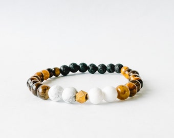 Tigers Eye & White Howlite Lava Stone Bead Stacking Bracelet, Natural Gemstone Jewelry, Aromatherapy Bracelets, Gift Idea, Womens Bracelet