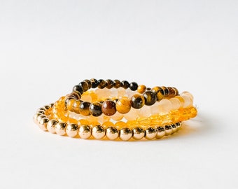 Yellow Topaz, Citrine, Tigers Eye, Pyrite, Natural Gemstone Stacking Bracelet Set,  Stretch Bracelets, Friendship Bracelet, Boho Jewelry