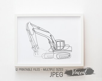 Excavator Construction Truck Line Drawing Art Printable JPEG PNG & SVG Cut Files, Kids Truck Birthday Sign Decor Print, Abstract Vehicle Art