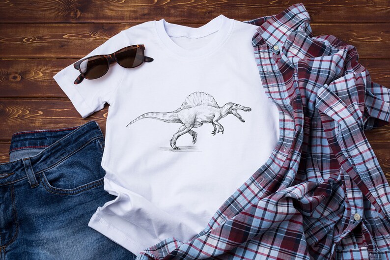 May include: A white t-shirt with a black and white illustration of a Spinosaurus dinosaur. The t-shirt is laid out on a wooden surface with a pair of sunglasses, blue jeans, and a plaid shirt.