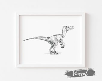 Raptor Dinosaur Sketch Drawing Printable JPEG PNG, Velociraptor Kids Dino Birthday Decor, Reptile Art Print, Kids Room Poster, Boys Gift