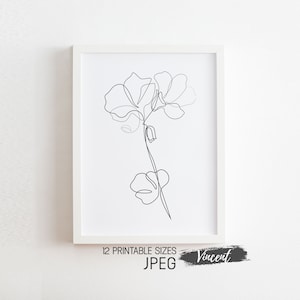 May include: A black and white line drawing of a flower with two blooms and a bud. The drawing is on a white background and is framed in a white frame. The text "12 Printable Sizes JPEG" and "Vincent" are below the frame.