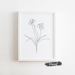 Daffodil Flower Line Art Printable JPEG Image Files, Minimalist Single Line Drawing Art Prints, Garden Plant Poster 12 sizes, Bedroom Decor