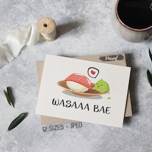 Wasaaa Bae Sushi Pun Art Imágenes JPEG imprimibles, Impresiones divertidas de arte de pared de cocina, Imprimibles de tarjetas de felicitación para bebés What&#39;s Up, Puns de citas de comida