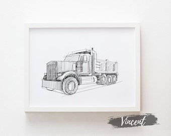 Minimalist Black And White Dump Truck Printable, Construction Vehicle Drawing Sketch Art Prints, Nursery Baby Boy Playroom Poster Decor