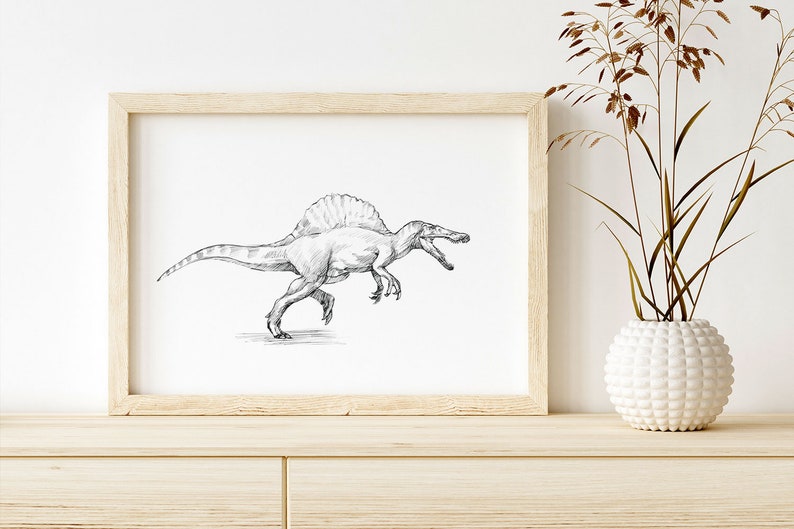 May include: A black and white pencil drawing of a Spinosaurus dinosaur in a light wood frame. The drawing is on a white background and is hanging on a white wall.