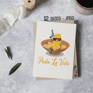 Pasta La Vista Cocina Italiana Pun Cartel Imágenes JPEG imprimibles, Impresiones de arte de citas de comida divertidas, Imprimibles de tarjetas de cumpleaños de juego de palabras de la mafia italiana
