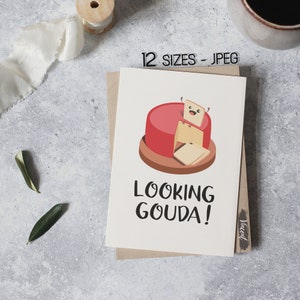 Procurando imagens jpeg imprimíveis do cartão do trocadilho do queijo gouda, impressões engraçadas da decoração do sinal da comida da cozinha, arte da citação do queijo imprimível, presente dos amantes do queijo