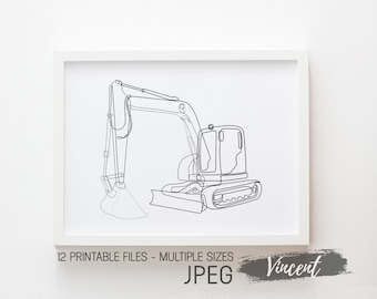 Kids Construction Truck Line Art Printable JPG PNG & SVG Cut Files, Long Crawl Excavator Black And White Drawing Prints, Playroom Truck Sign